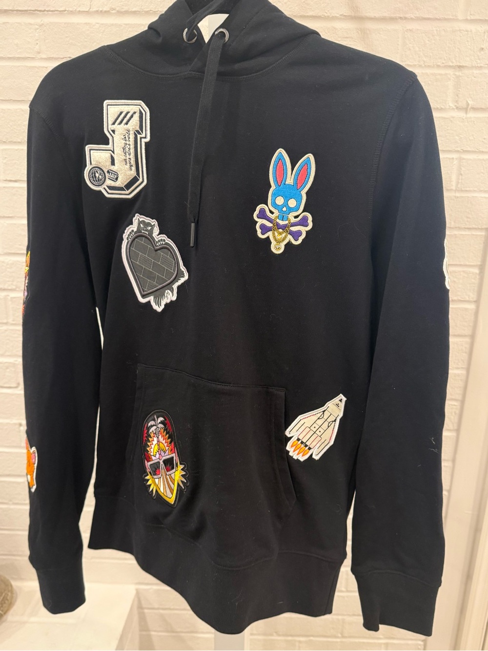 Psycho Bunny Black Hoodie with Colorful Patch Accents